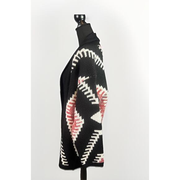 Effeci Sweater Cardigan Sz XL Black Open Front Shawl Collar Aztec Boho FLAWS - Picture 3 of 10